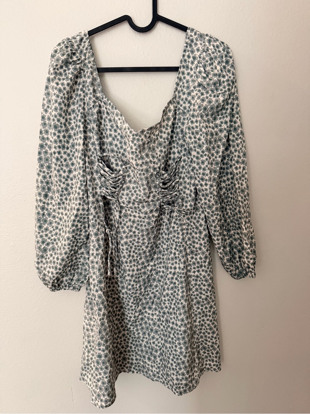 Long Sleeve Smocked Waist Mini Dress in Sage Dot